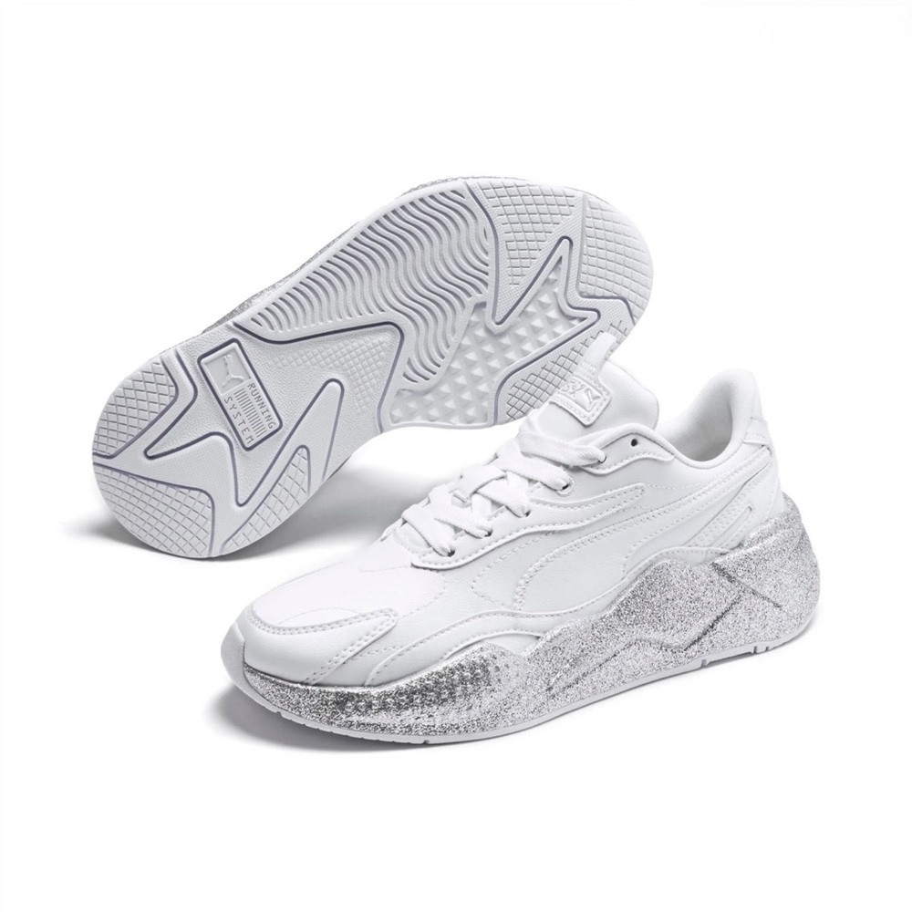 White and Silver Glitter Leather Trainers - Puma RS-X3 Glitz